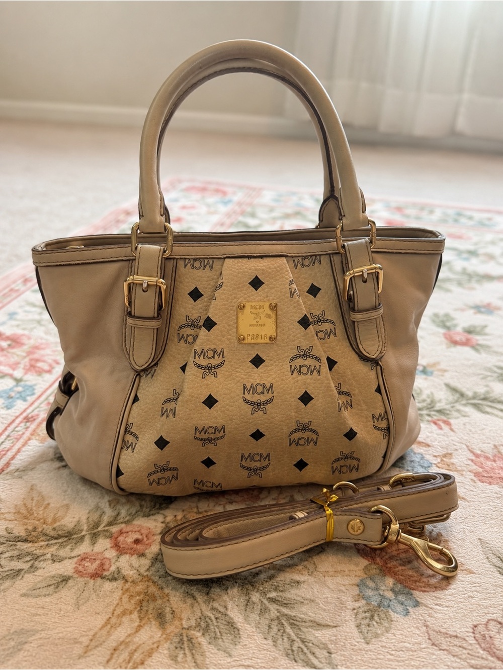 MCM Taupe Visetos Logo Tote with Gold Hardware